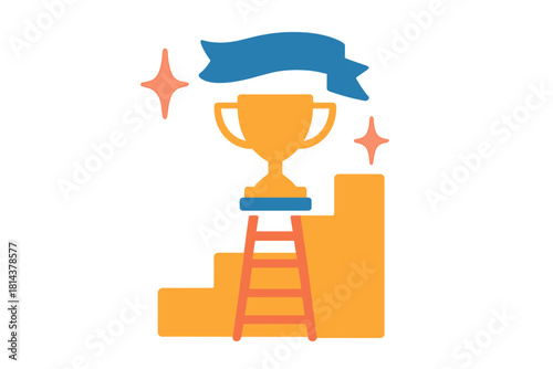 Golden award trophy cup on a tiered winner's podium with a blue banner and a ladder symbolizing success