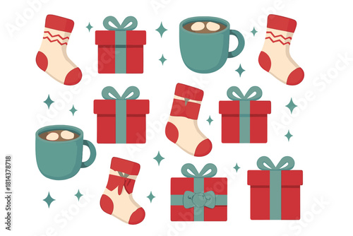 Cozy winter holiday design with festive Christmas socks, wrapped gift boxes, and hot cocoa mugs