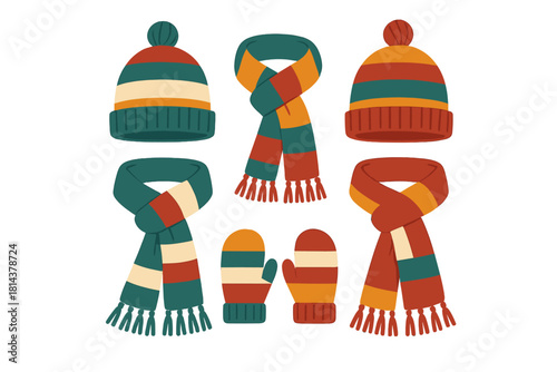 Vibrant striped winter hats, scarves, and mittens set for cold weather apparel