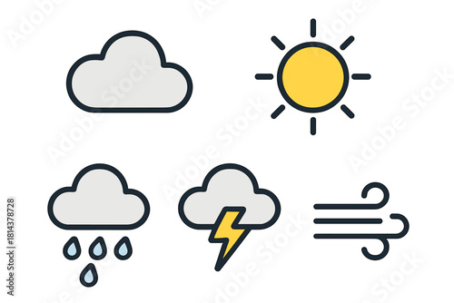 Set of five colorful weather forecast icons including sun cloud rain lightning and wind symbols