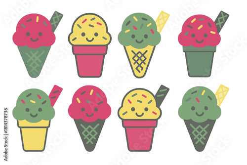 Eight colorful scoops of smiling ice cream in various cones and cups with sprinkles and wafers