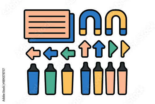 Colorful office and education symbols featuring documents, magnets, arrows, and highlighters