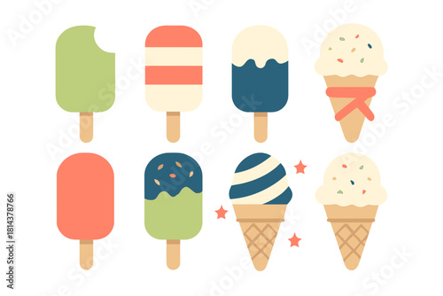 Colorful collection of frozen desserts including popsicles, ice cream cones, and bars