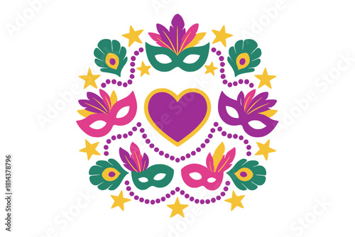Vibrant Mardi Gras carnival masks and heart arranged in a decorative circular frame