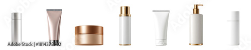 Cosmetic skincare containers and tubes in assorted shapes and metallic isolated on transparent background