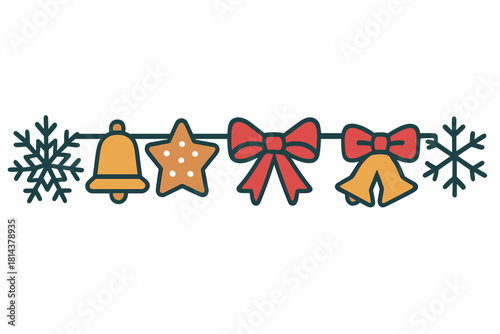 Decorative horizontal Christmas garland border featuring traditional holiday symbols like bells bows stars and snowflakes