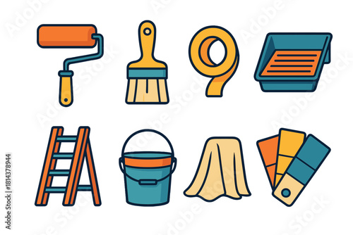 Essential painting and home renovation tools: roller, brush, ladder, bucket, and color swatches
