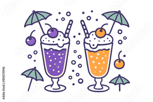 Colorful summer drinks with whipped cream, cherries, and cocktail umbrellas