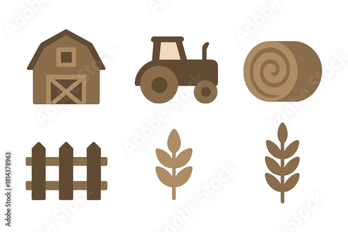 Stylized collection of essential farm and agriculture icons including barn tractor hay bale and grain