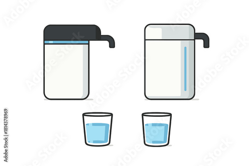 Minimalist graphic set of water dispensers and glasses for drinking water