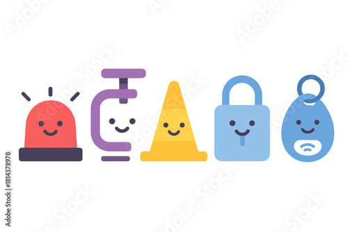 Smiling safety and security equipment icons including fire extinguisher, traffic cone, padlock, and alarm light