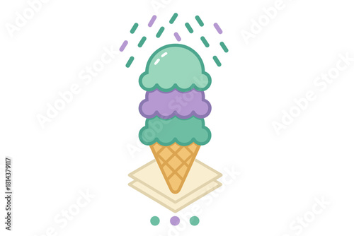 Triple scoop ice cream cone with colorful pastel scoops and falling sprinkles