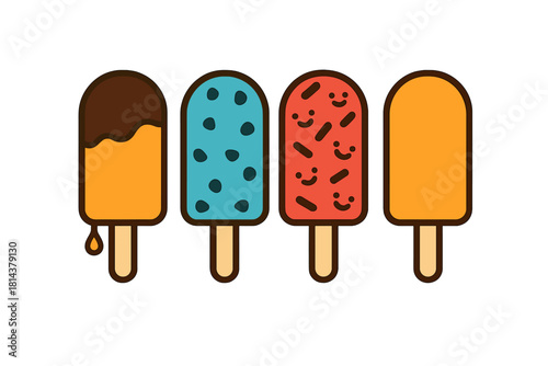 Four flavored popsicles in a row, including chocolate dipped, sprinkle covered, blue, and orange