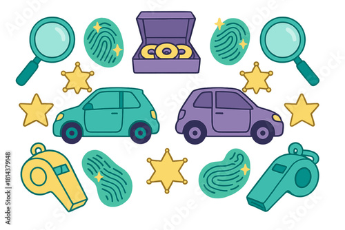 Colorful set of investigation and police symbols including cars, magnifying glass, and fingerprints