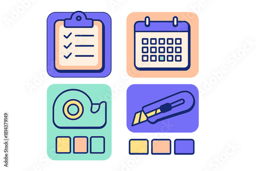 Office supplies and planning tools including checklist clipboard, calendar, tape dispenser, and box cutter