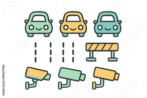 Cute cartoon cars, road barrier, and security cameras illustrating traffic control and monitoring