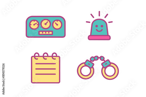 Vibrant sticker icons set featuring dashboard gauges, emergency light, spiral notebook, and police handcuffs
