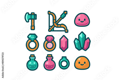Colorful fantasy game icons set featuring weapons, magic items, gems, and slime characters