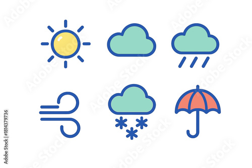 Colorful weather forecast icons set featuring sun, cloud, rain, snow, wind, and umbrella symbols