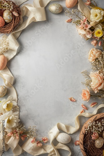 Spring Celebration With Pastel Eggs, Flowers, and Soft Ribbons Arranged on a ...