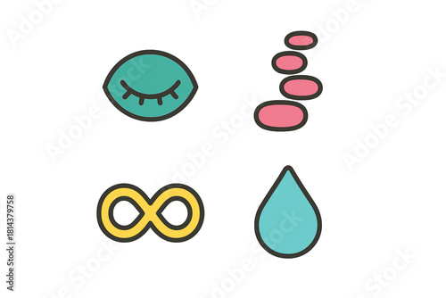 Holistic wellness symbols set featuring closed eye, spa stones, water drop, and infinity sign
