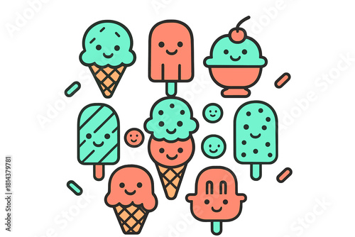 Collection of smiling frozen desserts including ice cream and popsicles