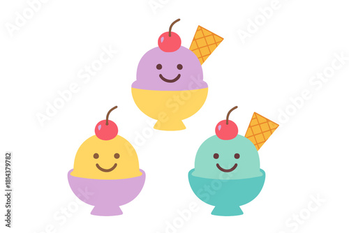 Three colorful smiling ice cream sundaes in bowls topped with cherries and waffle cones on white background
