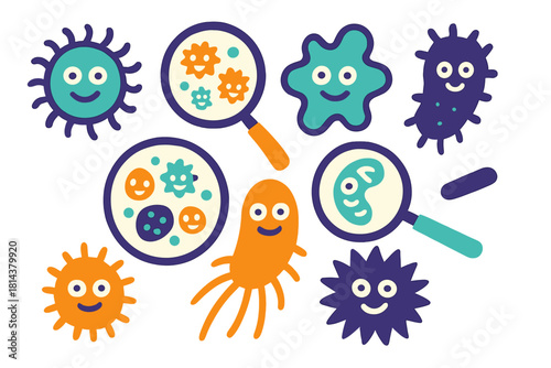 Set of colorful happy microbes, bacteria, and viruses seen under magnification