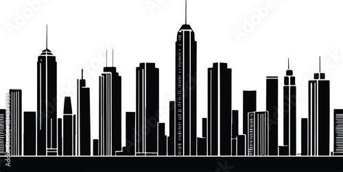 Modern metropolis city skyline silhouette vector art illustration with tall buildings and skyscrapers on a clean white background.