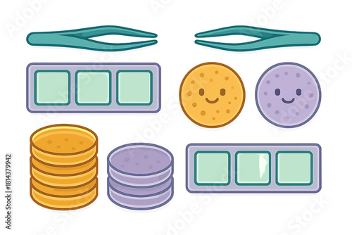 Smiling cartoon laboratory instruments including stacked agar plates, forceps, and multi-well assay trays