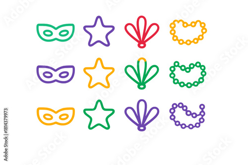 Outline icons set of traditional Mardi Gras symbols including masks beads stars and fleur-de-lis