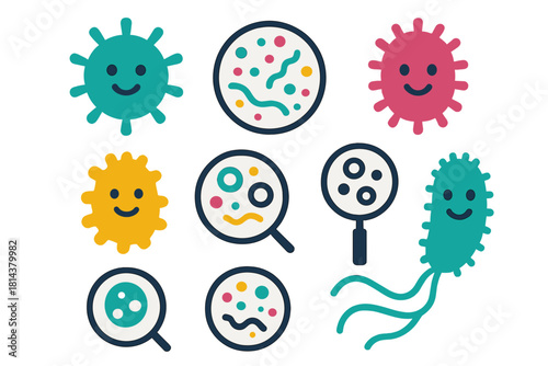 Colorful cartoon icons of microbes, viruses, and bacteria with magnifying glass views
