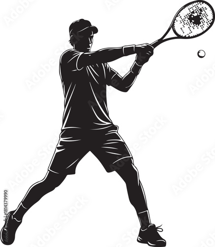 Silhouette of a male tennis player in action, hitting a tennis ball with a racket during a game or practice.