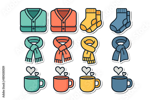 Cozy winter essentials collection featuring colorful sweaters, knitted scarves, socks, and hot mugs
