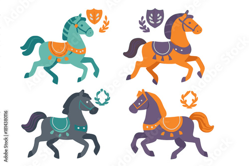Four decorated running horses in various colors with shields and laurel wreaths