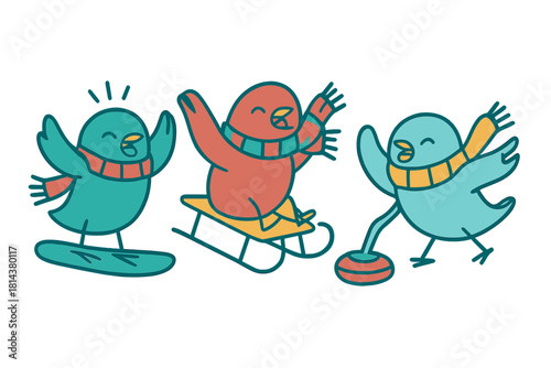 Happy cartoon birds engaging in winter sports activities snowboarding sledding and curling