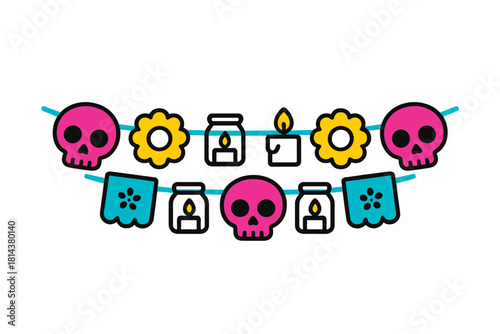 Colorful Day of the Dead garland with sugar skulls marigolds and lit candles bunting