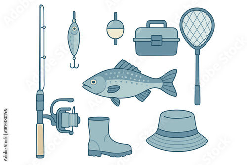 Set of recreational fishing equipment including rod, reel, lure, tackle box, net, and fish