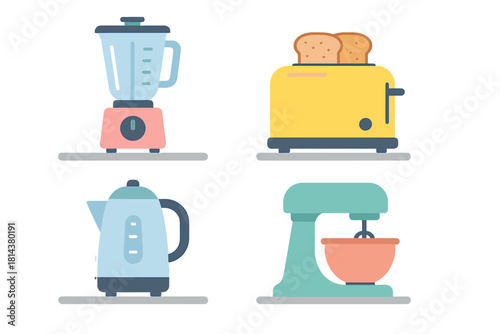 Colorful set of essential kitchen counter appliances featuring a blender, toaster, kettle, and mixer