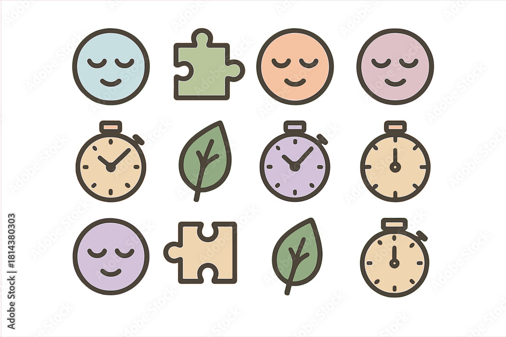 Obraz premium Minimalist symbols representing concepts of mindfulness, efficiency, nature, and solution finding