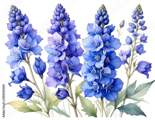 Watercolor illustration of blue delphinium flowers isolated on white background