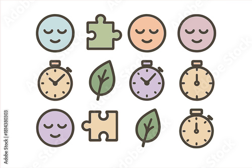 Minimalist symbols representing concepts of mindfulness, efficiency, nature, and solution finding