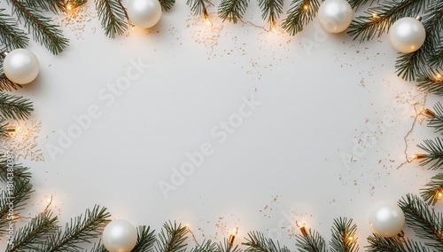 Holiday Decoration With Pine Branches, Silver Ornaments, and Warm Lights on a...