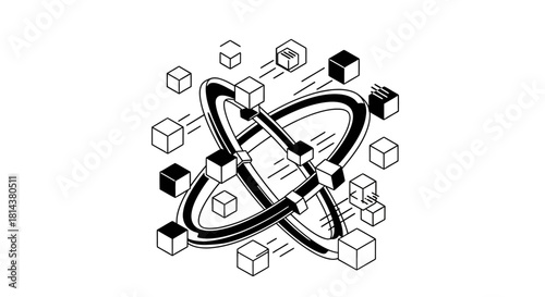 Atomic-inspired geometric illustration with interconnected orbiting spheres and dynamic line structures for futuristic design