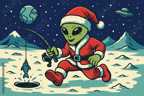 Alien Santa Claus Ice Fishing on the Moon Vector Illustration