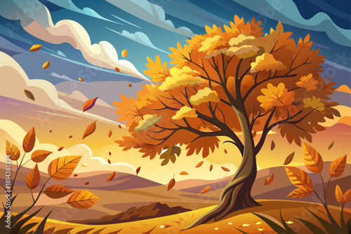 Golden autumn leaves falling from a tree against a cloudy sky, an iconic scene of the season that evokes themes of change, gratitude, nostalgia and an emotional connection with nature.