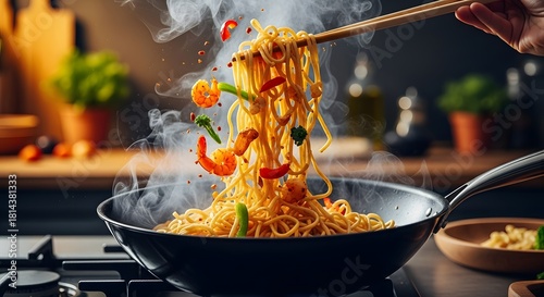 Hot asian noodles stir fry with chopsticks and steam