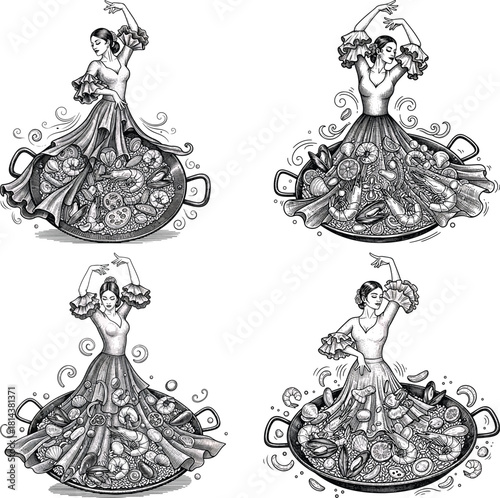Engraved Flamenco Dancer Paella Pan Vector Set Featuring Detailed Spanish Culinary Art in Vintage Monochrome Style
