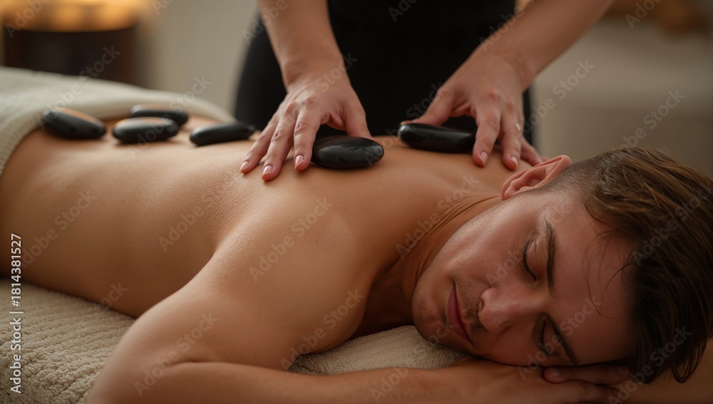 Fototapeta premium Warm Stone Massage Session in a Tranquil Spa Setting With a Calm Atmosphere