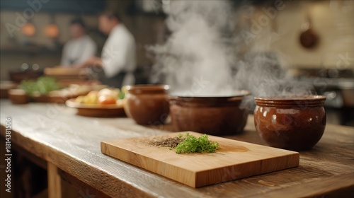Fototapeta Naklejka Na Ścianę i Meble -  Rustic kitchen counter with steaming pots and fresh herbs on a cutting board chefs busy in the background